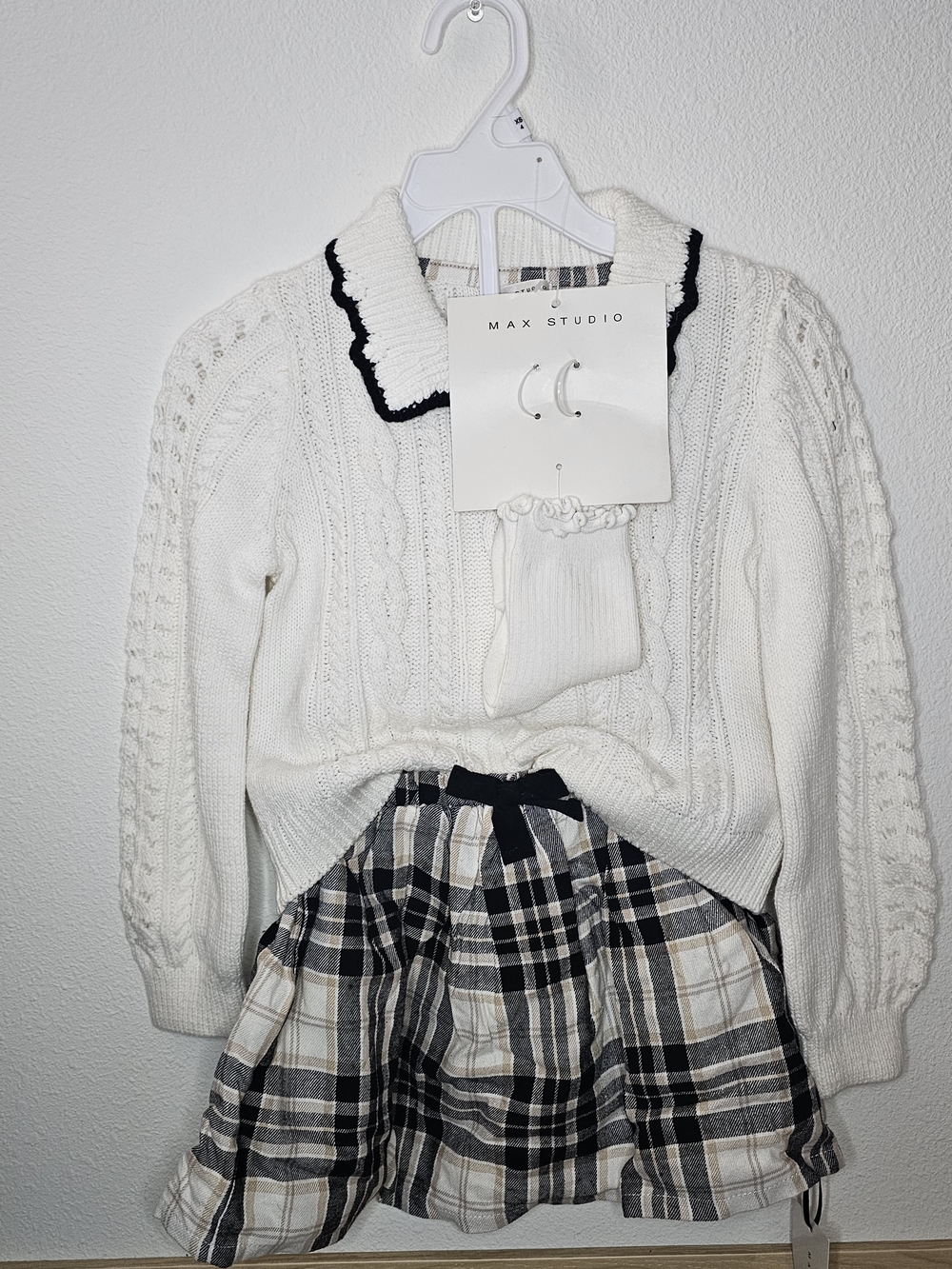 Max Studio Cream Cable Knit Sweater with Black-Trim Collar